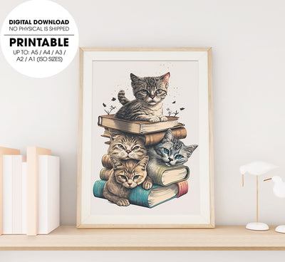 One Tall Stack Of Cats And Books, Cat Bookworm, Poster Design, Printable Art