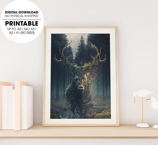 The Spirit Of The First Forest, Stunning Deer In The Midst of Forest, Poster Design, Printable Art