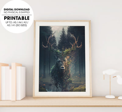 The Spirit Of The First Forest, Stunning Deer In The Midst of Forest, Poster Design, Printable Art