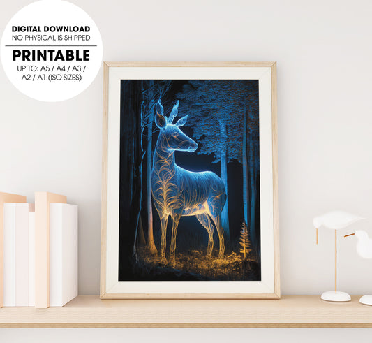 Luminous Imaginary, Animal In A Forest At Night, Neon Deer, Poster Design, Printable Art