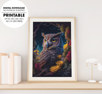 The Owl With Yellow Eyes In Magical Forest, Colorful Owl In The Forest