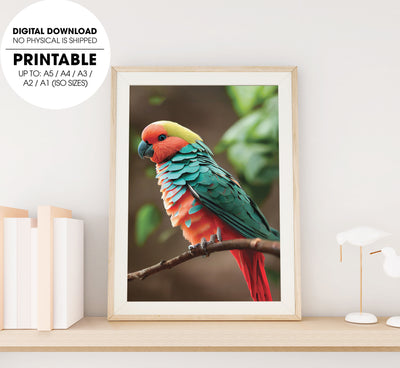 Beautiful Red Teal Parrot Sitting On A Branch, Bright Sunlight In Spring