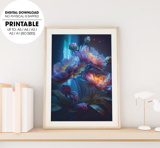 Light Effects Under The Spectrum, Blue Peony Mystery, Neon Peony, Poster Design, Printable Art