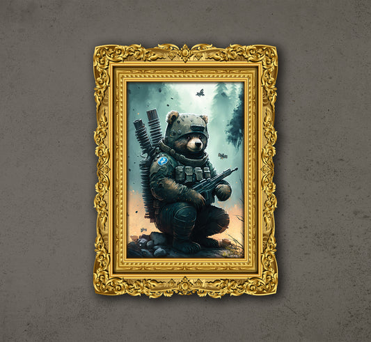 A Cute Bear With A Solemn Expression In A World, Bear Soldier, Poster Design, Printable Art