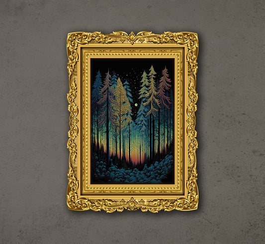 The Loneliness Forest, Northern Lights, Light Scary Forest, Poster Design, Printable Art