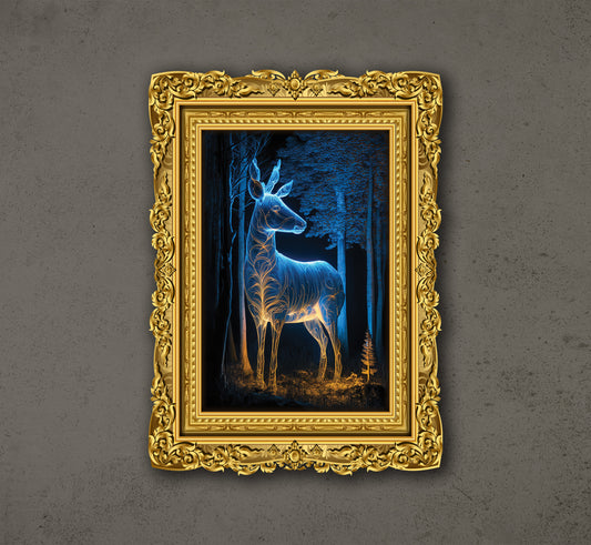 Luminous Imaginary, Animal In A Forest At Night, Neon Deer, Poster Design, Printable Art