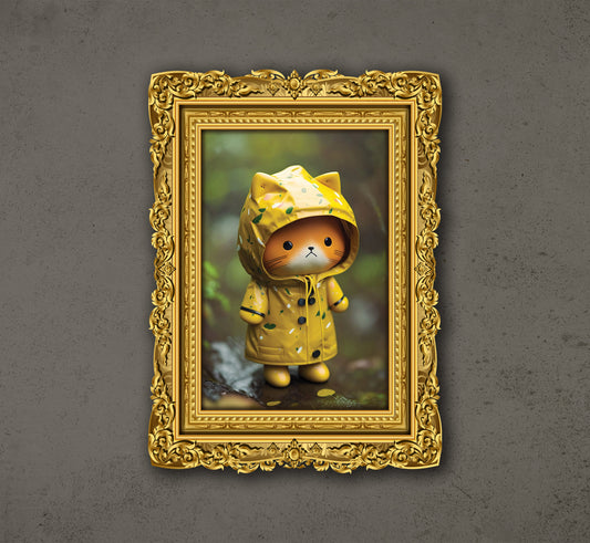 Kawaii Cartoon, Raincoat Kitty, Lost In A Forest, Under The Rain, Poster Design, Printable Art