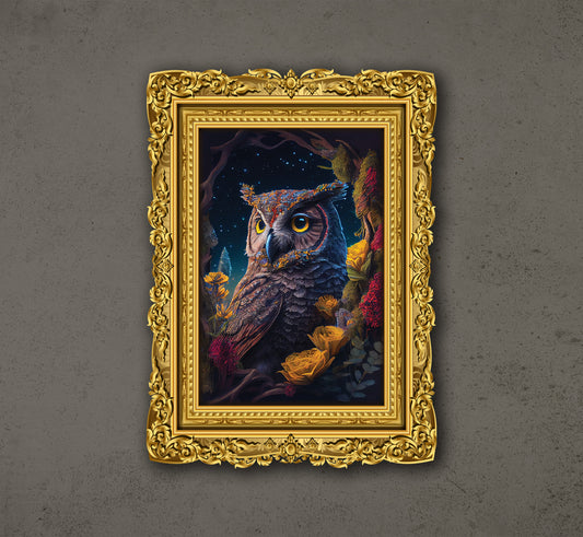 The Owl With Yellow Eyes In Magical Forest, Colorful Owl In The Forest