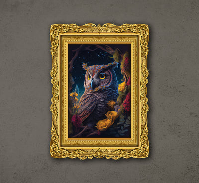 The Owl With Yellow Eyes In Magical Forest, Colorful Owl In The Forest