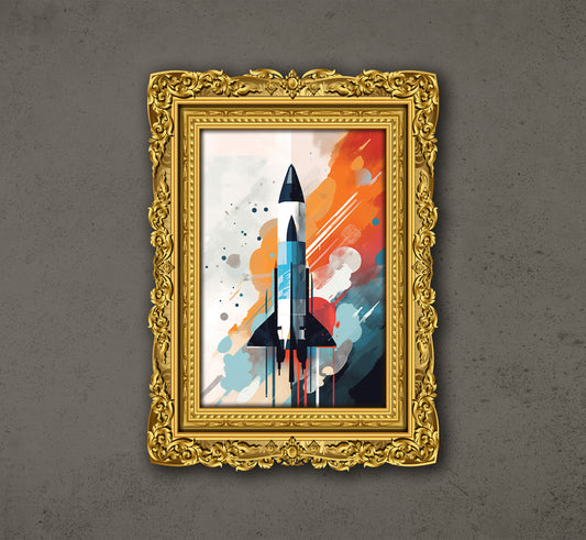 A Rocket Launching Into Space, Captured In The Abstract Painting Style