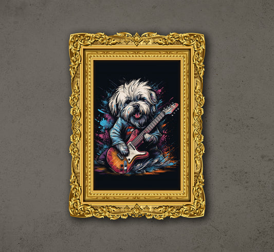 A Coton De Tulear Dog As A Rocker Playing Electric Guitar, Rock Music