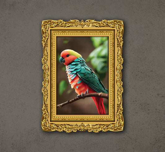 Beautiful Red Teal Parrot Sitting On A Branch, Bright Sunlight In Spring