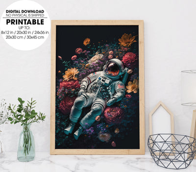 Astronaut Laying In Flowers, Astronaut Between The Flower Universe, Poster Design, Printable Art