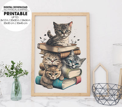 One Tall Stack Of Cats And Books, Cat Bookworm, Poster Design, Printable Art