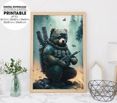 A Cute Bear With A Solemn Expression In A World, Bear Soldier, Poster Design, Printable Art