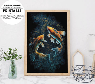 Beautiful Koi Painting Lung Ling, Two Koi Swimming Underwater, Poster Design, Printable Art