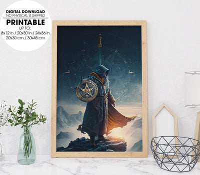 Sorcerer Standing On The Mountain, The Warrior Holds The Shield, Poster Design, Printable Art
