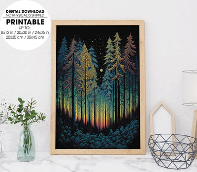The Loneliness Forest, Northern Lights, Light Scary Forest, Poster Design, Printable Art
