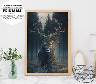 The Spirit Of The First Forest, Stunning Deer In The Midst of Forest, Poster Design, Printable Art