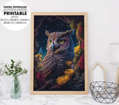 The Owl With Yellow Eyes In Magical Forest, Colorful Owl In The Forest