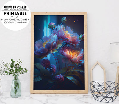 Light Effects Under The Spectrum, Blue Peony Mystery, Neon Peony, Poster Design, Printable Art