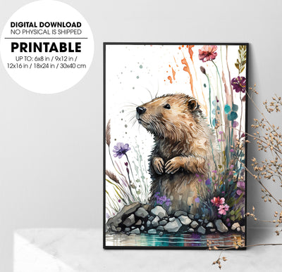 An Addorable Baby Beaver, Beaver Lover Art, Watercolor Bear, Poster Design, Printable Art