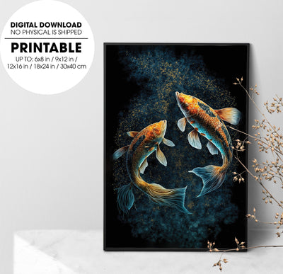 Beautiful Koi Painting Lung Ling, Two Koi Swimming Underwater, Poster Design, Printable Art