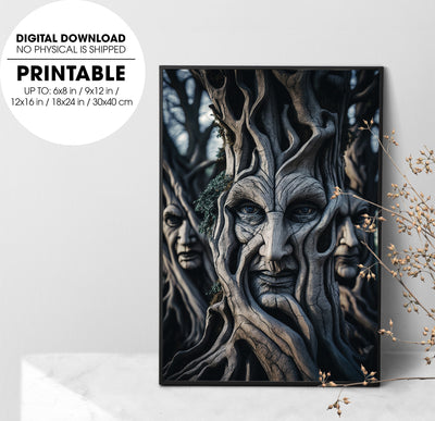 Ent Forest, Multiple Rows Of Trees With Gnarly Faces, Poster Design, Printable Art