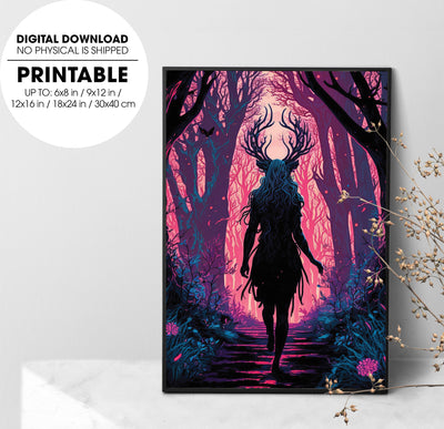 Dusky Hued Lady Satan Walking Through Psychedelic Forest, Poster Design, Printable Art