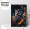 The Owl With Yellow Eyes In Magical Forest, Colorful Owl In The Forest