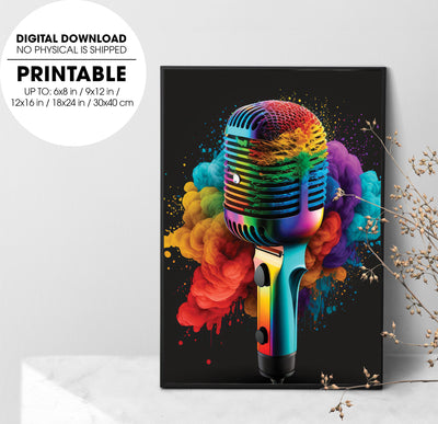 Colorful Microphone, Love Karaoke, Neon Microphone, Modern Style, Poster Design, Printable Art