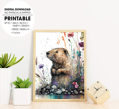 An Addorable Baby Beaver, Beaver Lover Art, Watercolor Bear, Poster Design, Printable Art
