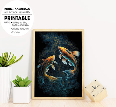 Beautiful Koi Painting Lung Ling, Two Koi Swimming Underwater, Poster Design, Printable Art