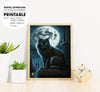 Night Time Magical Cat Under The Full Moon, Cool Black Cat, Poster Design, Printable Art