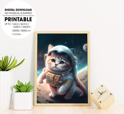 Kawaii Space Cat With His Cosmonaut Suit, Traveling Around A Star, Poster Design, Printable Art
