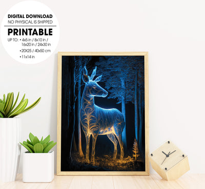 Luminous Imaginary, Animal In A Forest At Night, Neon Deer, Poster Design, Printable Art