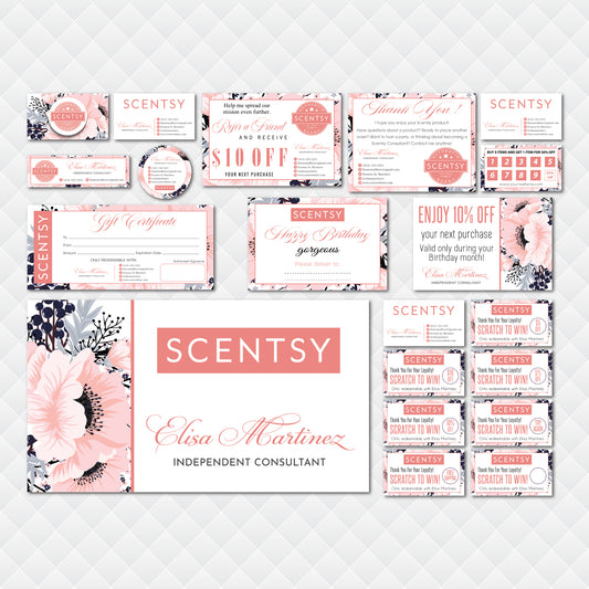 Pink Floral Scentsy Marketing Bundle, Personalized Scentsy Full Kit Business Cards SS12