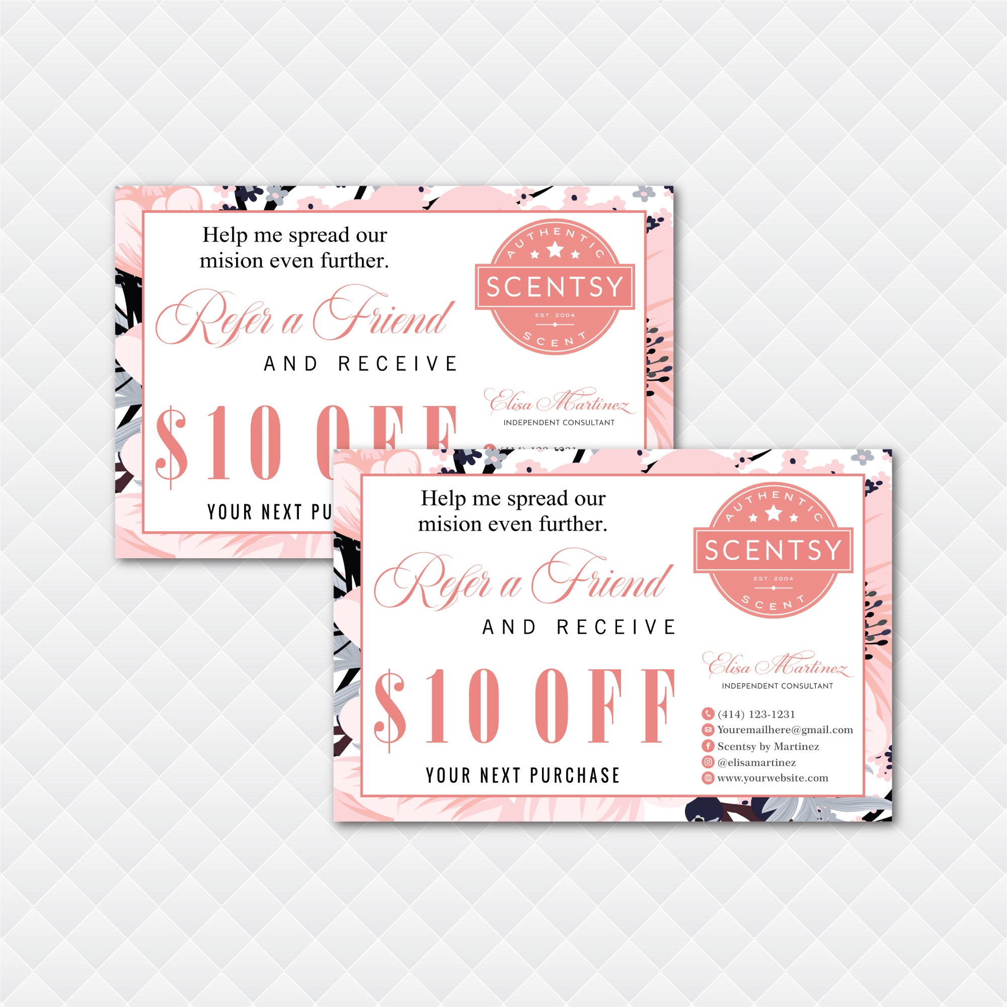 Pink Floral Scentsy Refer A Friend Cards, Personalized Scentsy Business Cards SS12