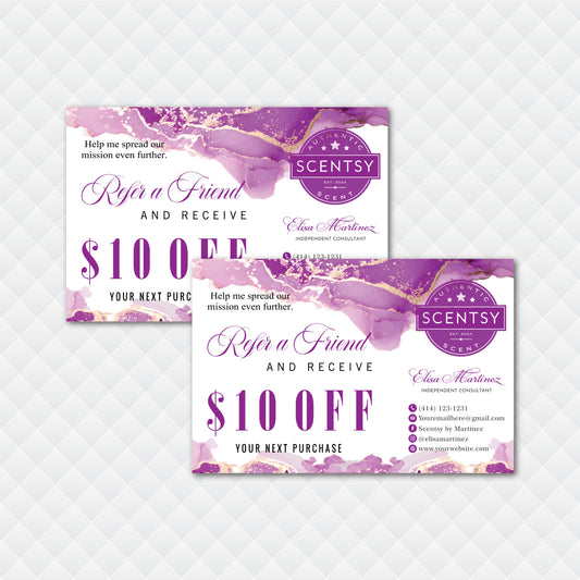 Purple Gold Scentsy Refer A Friend Cards, Personalized Scentsy Business Cards SS14