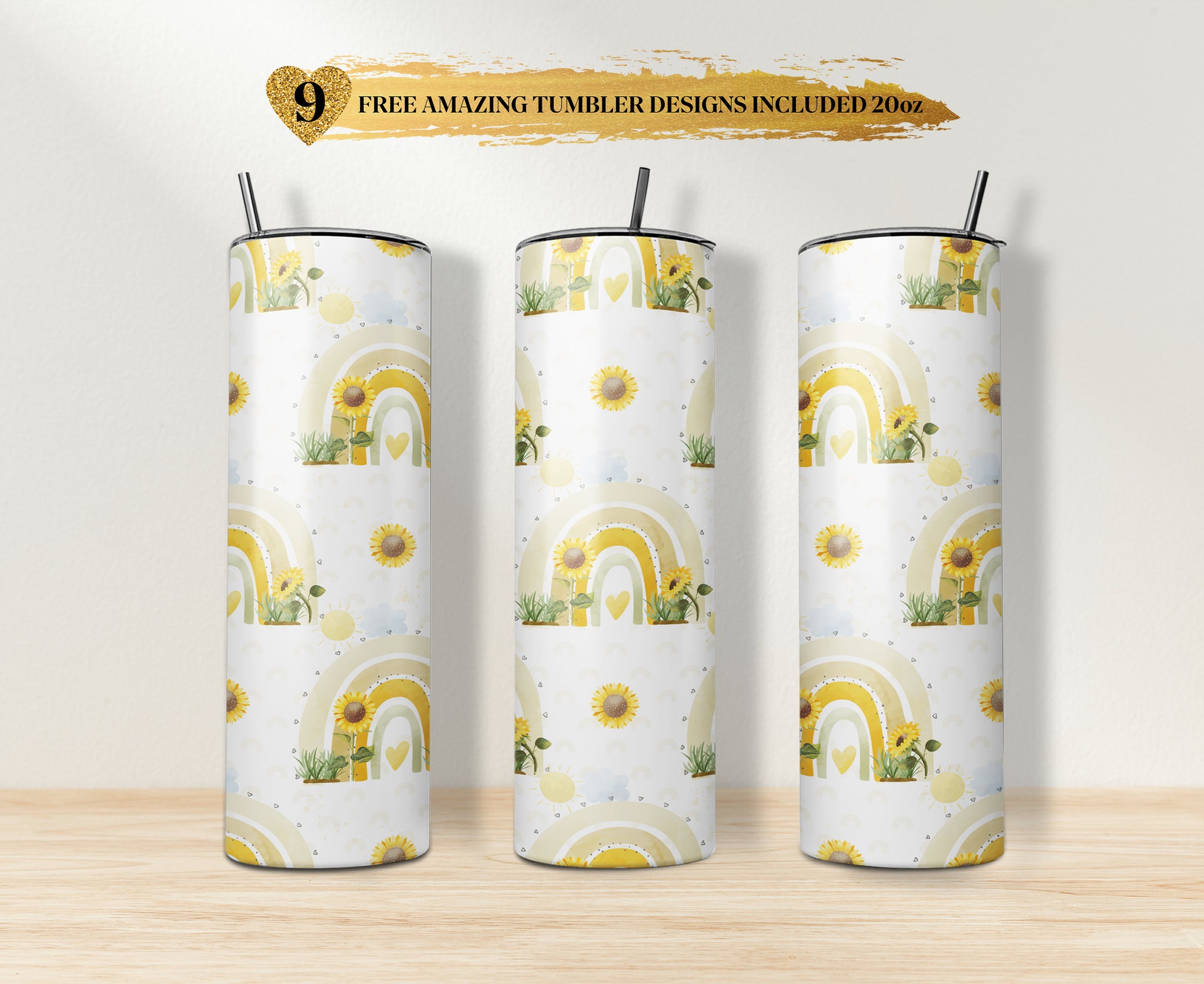 20 oz & 30 oz Skinny Tumbler Sublimation Designs, Sunflowers Love Yellow Rainbow Love Of Life Tumbler - PNG Digital Download