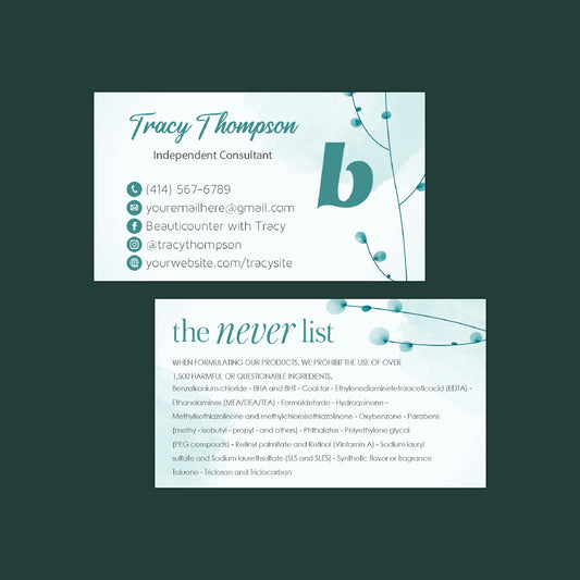 Blue Tree Watercolor Beautycounter The Never List Cards, Personalized Beautycounter Business Cards BC42