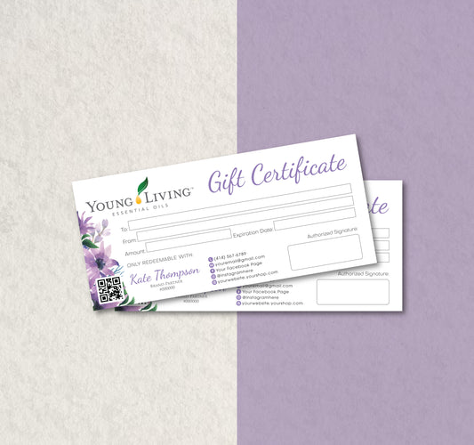 Personalized Young Living Gift Certificate Cards, Young Living Business Card YL72