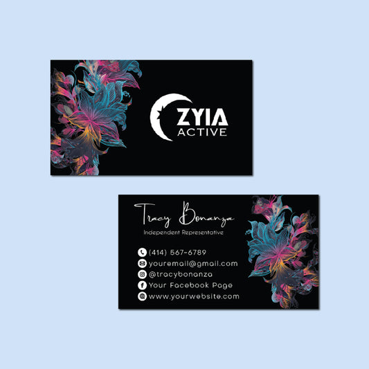 Black Luxury Zyia Business Card, Colorful Floral Personalized Zyia Active Cards ZA05