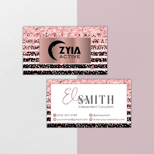 Black Glitter Pink Zyia Business Card, Personalized Zyia Active Cards Custom QR Code ZA19