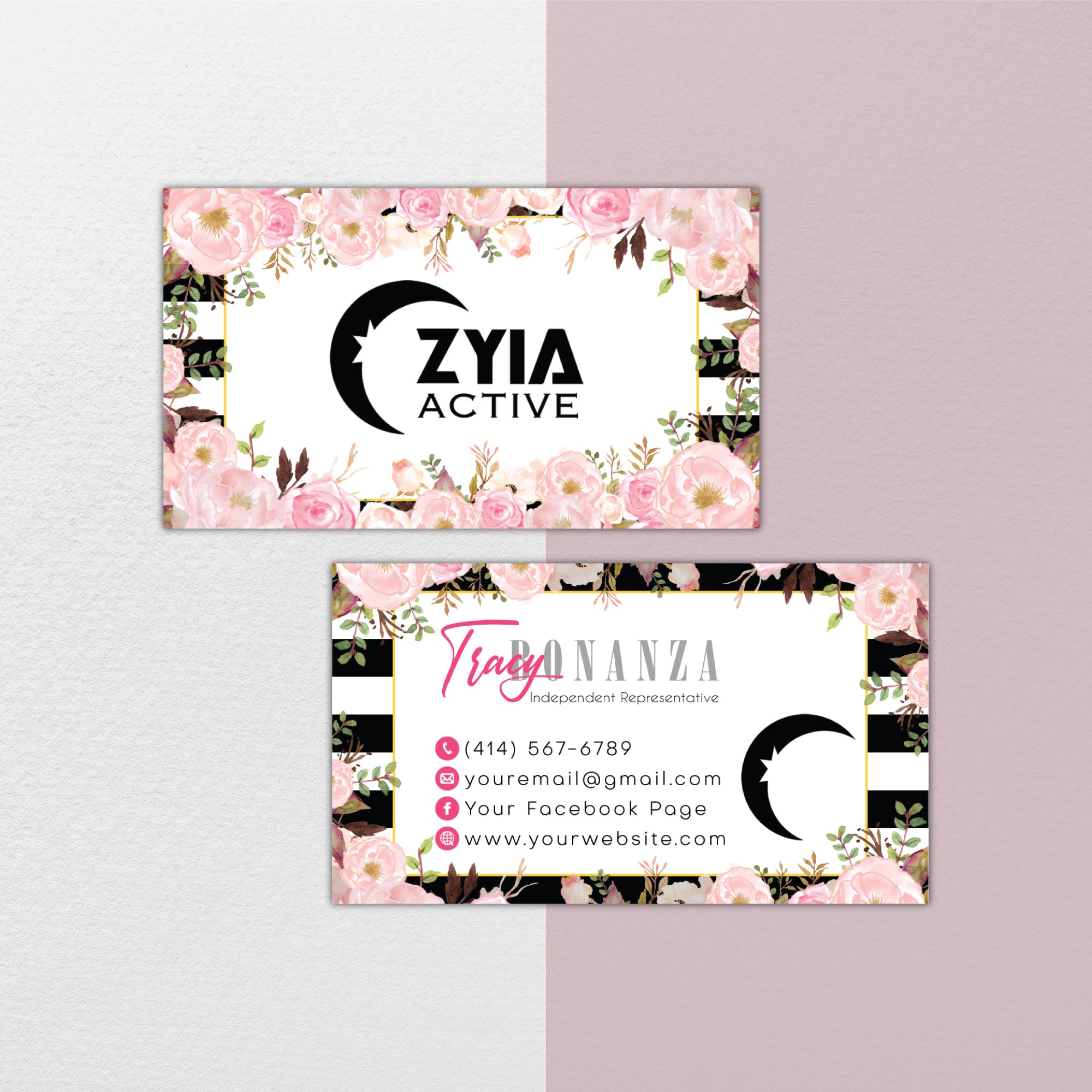 Pink Flower Zyia Business Card, Personalized Zyia Active Cards Custom QR Code ZA22