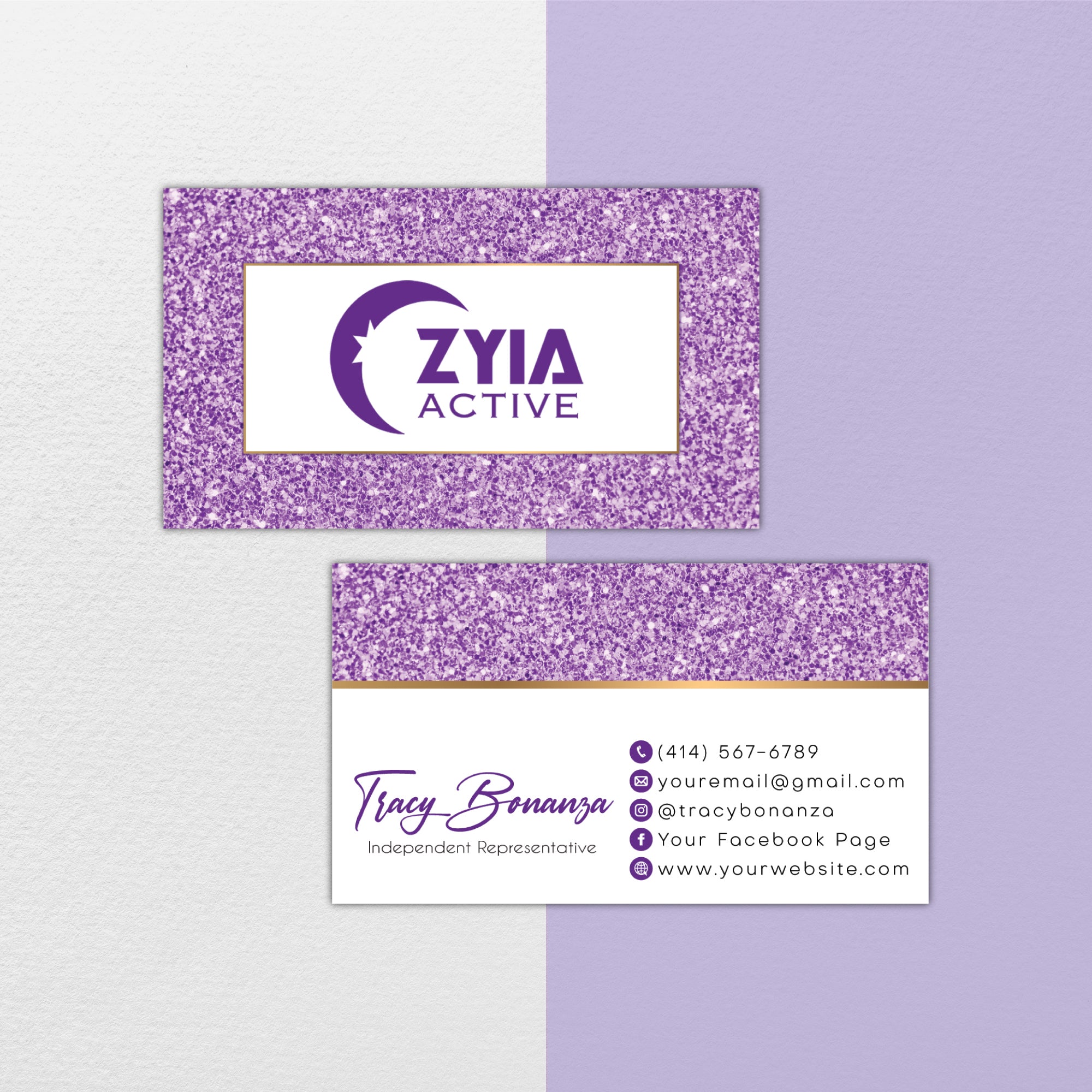 Purple Glitter Zyia Business Card, Personalized Zyia Active Cards Custom QR Code ZA24
