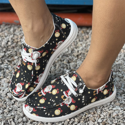 Festive and Fun: Women's Cartoon Santa Claus Print Shoes - Comfortable Lace-Up Low Top Walking Shoes - Fashionable Christmas Shoes