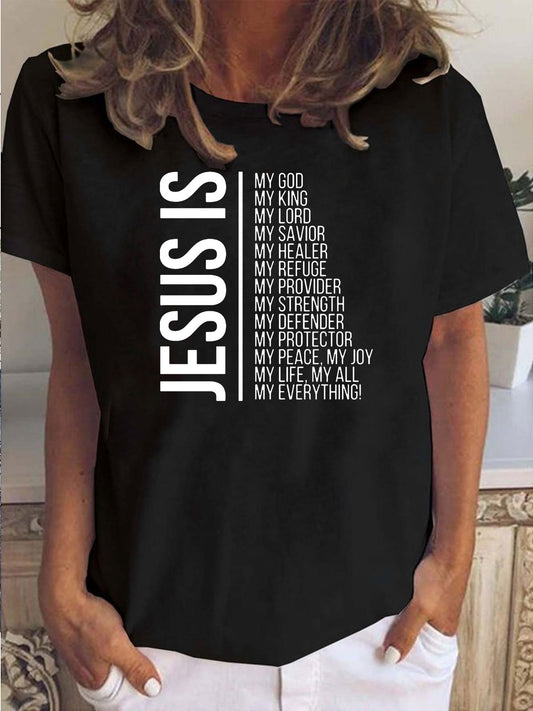 Show your faith in style with our Jesus Is Print: Faith Graphic T-Shirt. Made with quality materials, this comfortable shirt features a bold graphic design that expresses your beliefs with confidence. Perfect for everyday wear or special occasions, this shirt is a must-have for any faithful individual.
