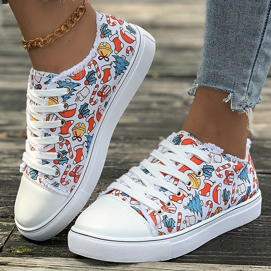 Get into the holiday spirit with Festive Footwear Women's Christmas Style Canvas Shoes. These low-top skate shoes offer a Casual and Comfortable fit with a fashionable Raw Trim design, perfect for all your festive outfits.