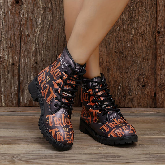 These stylish combat boots elevate your casual look with a spooky Halloween-inspired print, lace-up closure, and lug sole that provide traction. Durable materials and reinforced toe construction provide comfort and support all day. The perfect all-match accessory for any look.